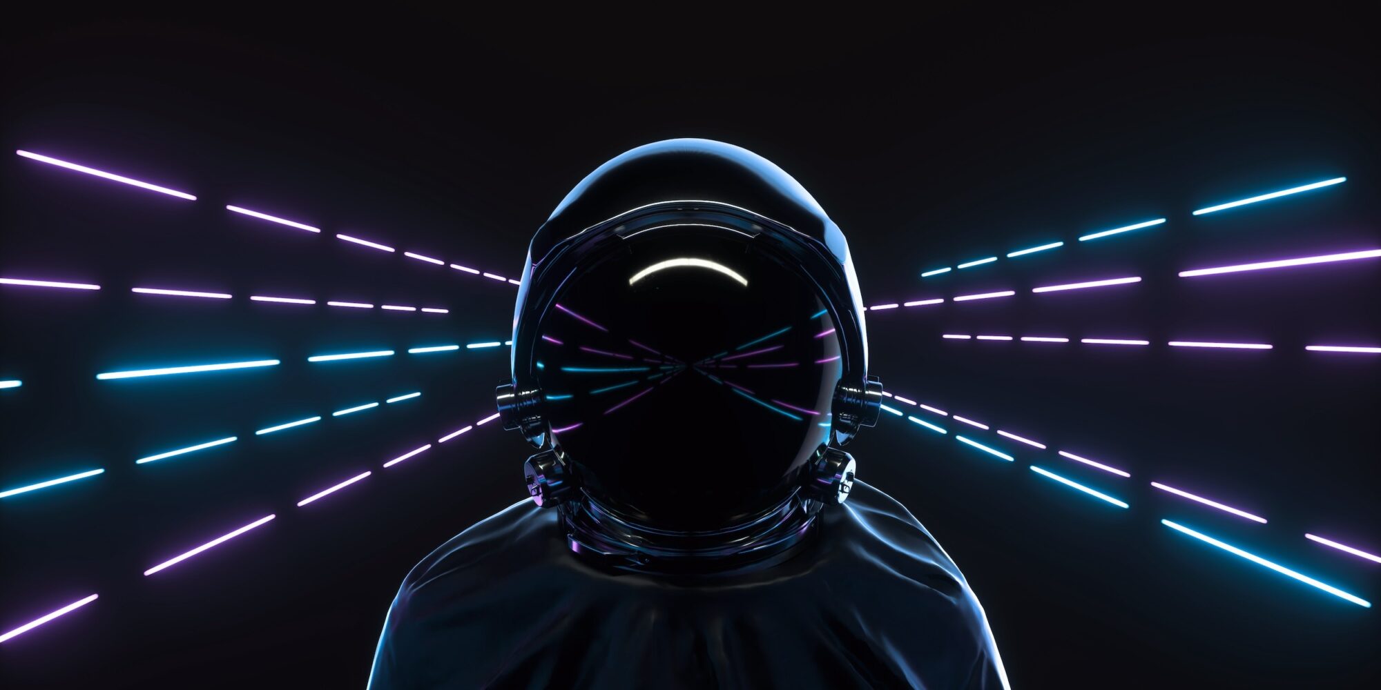 Retrowave style 3d illustration. Futuristic astronaut on neon background. Advanced technology concept.