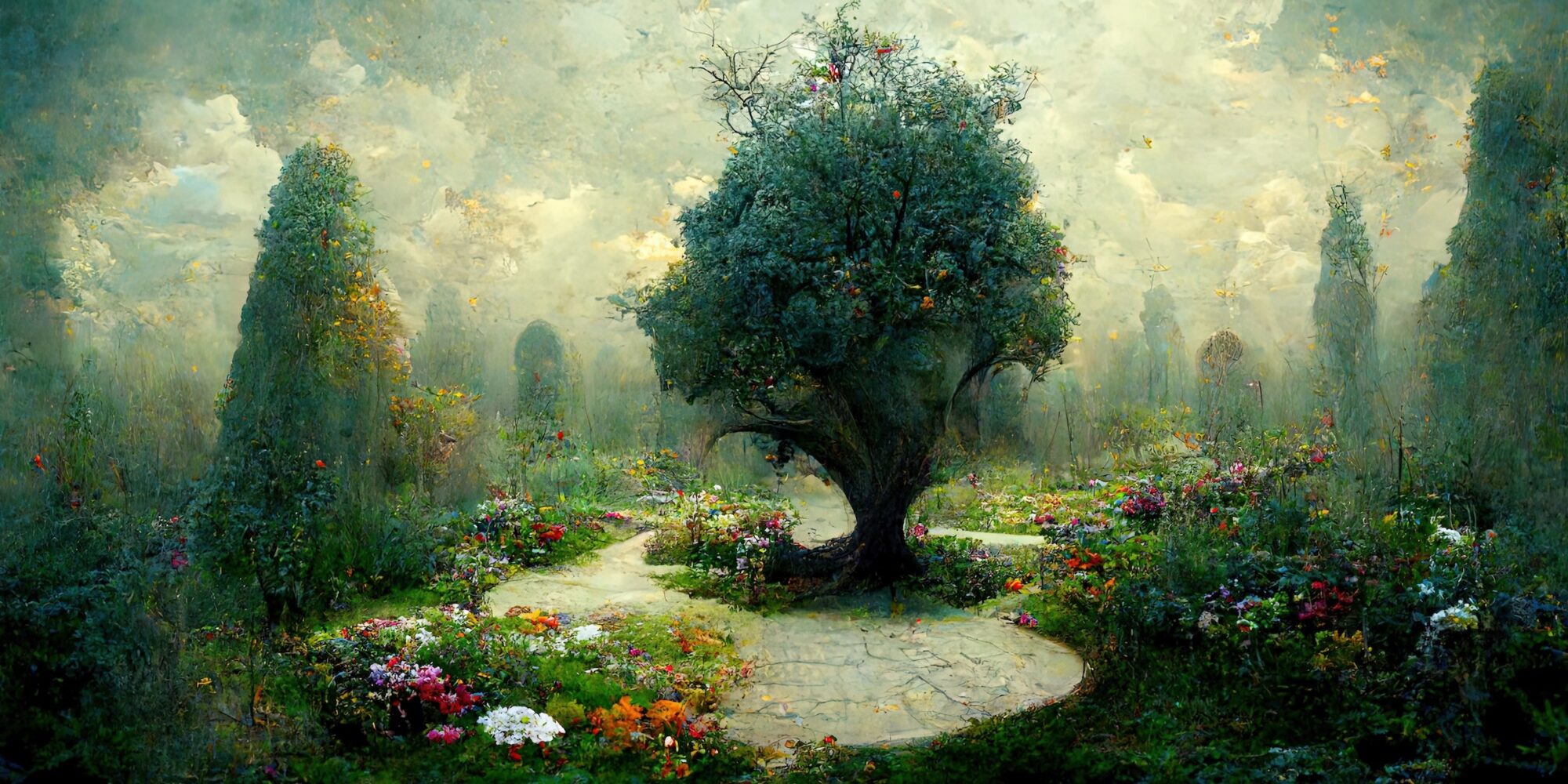 Garden of eden with the tree of life, tree of knoledge, beautiful illustration
