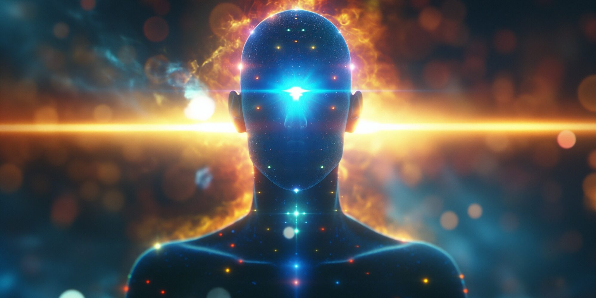 Concept of meditation and spiritual practice : Digital Humanoid Avatar with Illuminated Chakras and Ethereal Aura