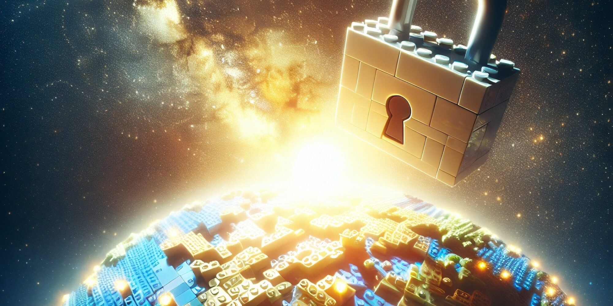 lego brick globe, sun rising behind, space background, lego built lock floating above globe magical