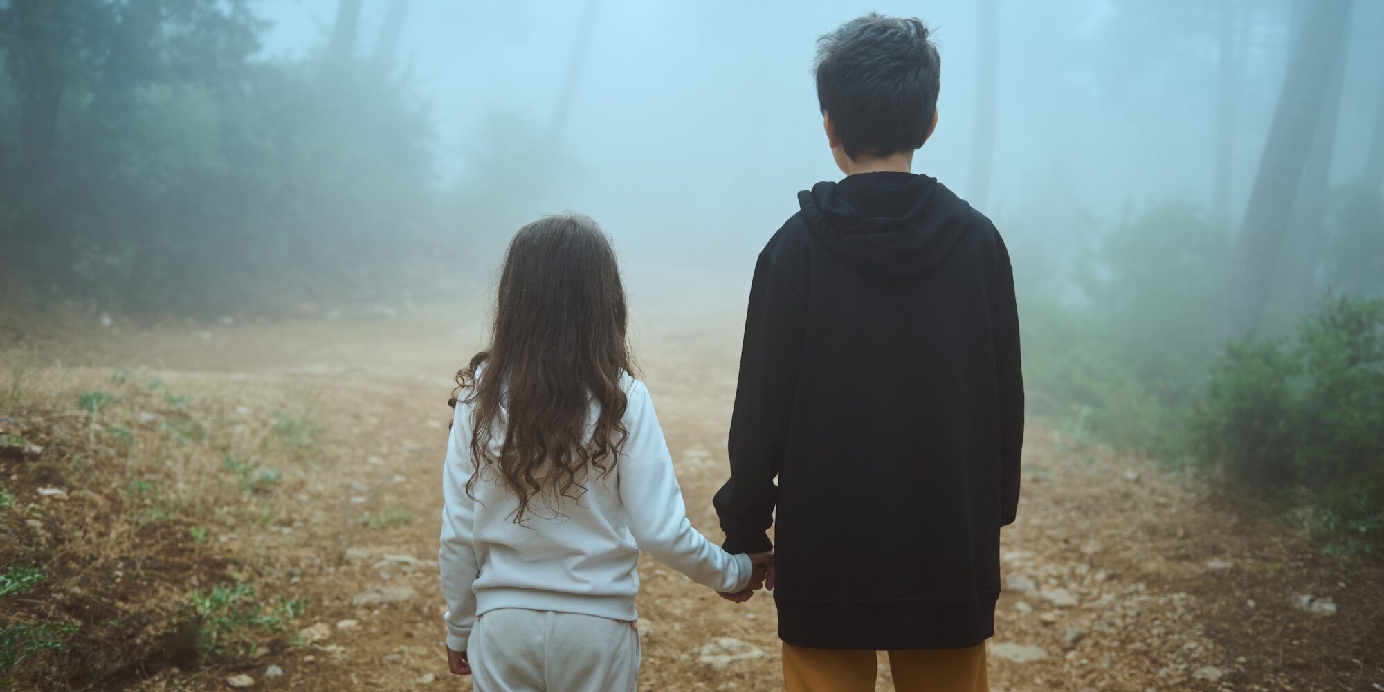 Two children holding hands, walking in a foggy forest. The misty atmosphere evokes feelings of mystery, adventure, and bonding.