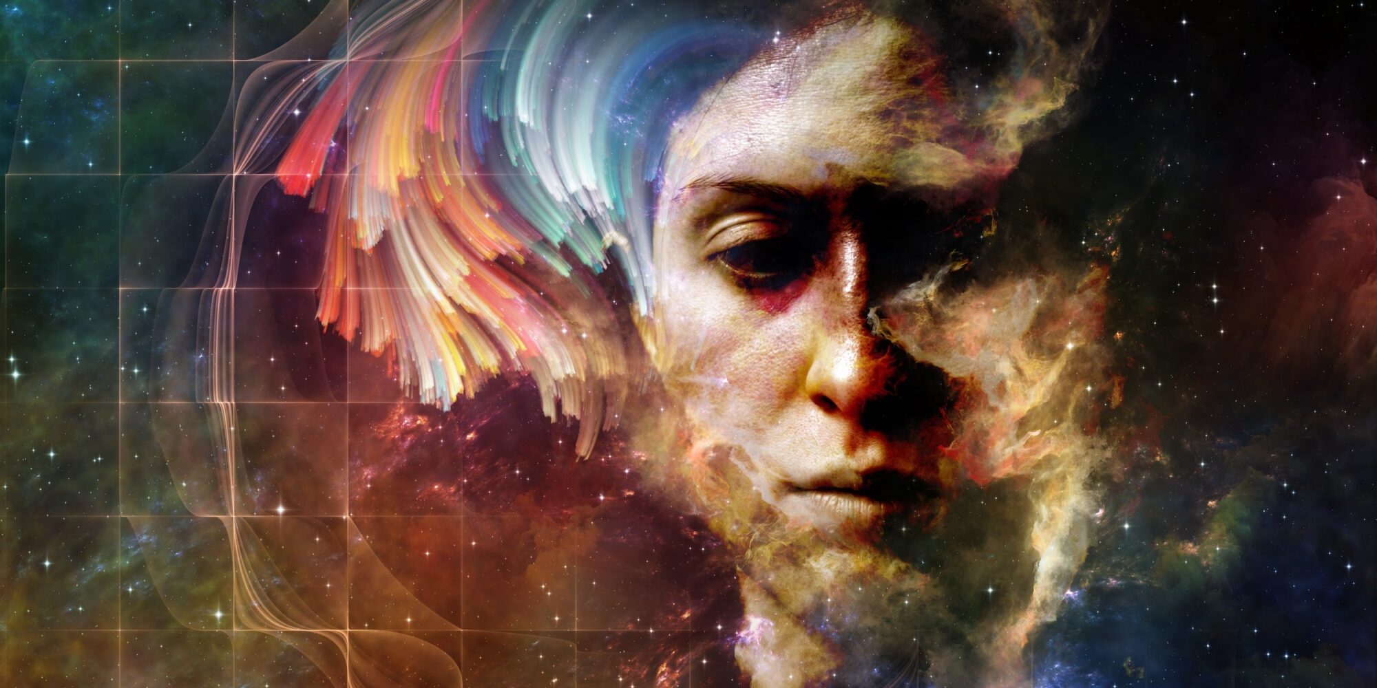 Memory of Me series. Background design of female portrait and space texture  on the subject of art, philosophy and spirituality